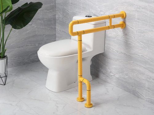 衛(wèi)生間扶手-黃色U型扶手帶工字架旋轉(zhuǎn)活動(dòng)輔助腳老人安全助力扶手桿無(wú)障礙助立坐便器扶手