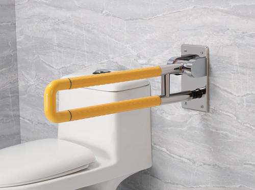 衛(wèi)生間扶手-新款黃色U型上翻扶手不銹鋼光面底板老人安全助力扶手桿無(wú)障礙助立坐便器扶手