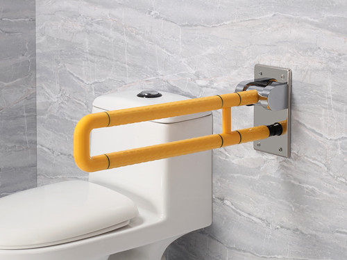 衛(wèi)生間扶手-黃色U型上翻扶手不銹鋼光面底板老人安全助力扶手桿無(wú)障礙助立坐便器扶手
