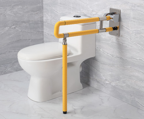 衛(wèi)生間扶手-黃色U型上翻扶手帶落地腳不銹鋼光面底板老人安全助力扶手桿無(wú)障礙助立坐便器扶手